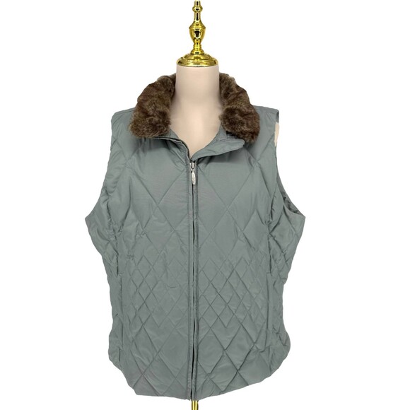 Eddie Bauer Quilted Vest Women's XL Goose Down Removable Faux Fur Collar Pockets - Picture 2 of 15